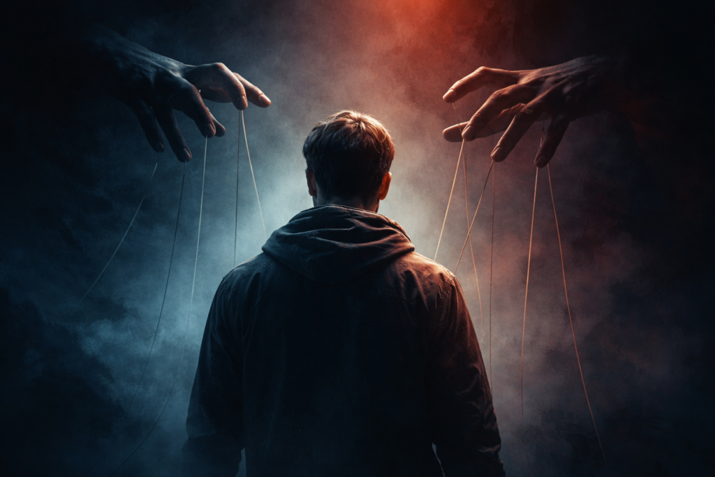 Dark psychology of trust illustrated by shadowy hands manipulating a person with invisible strings, symbolizing emotional control and manipulation